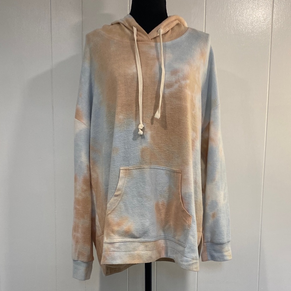 Tie Dye Hoodie Oversized Cozy Relaxed Athleisure Boho Lounge Beach Blue Tan XL